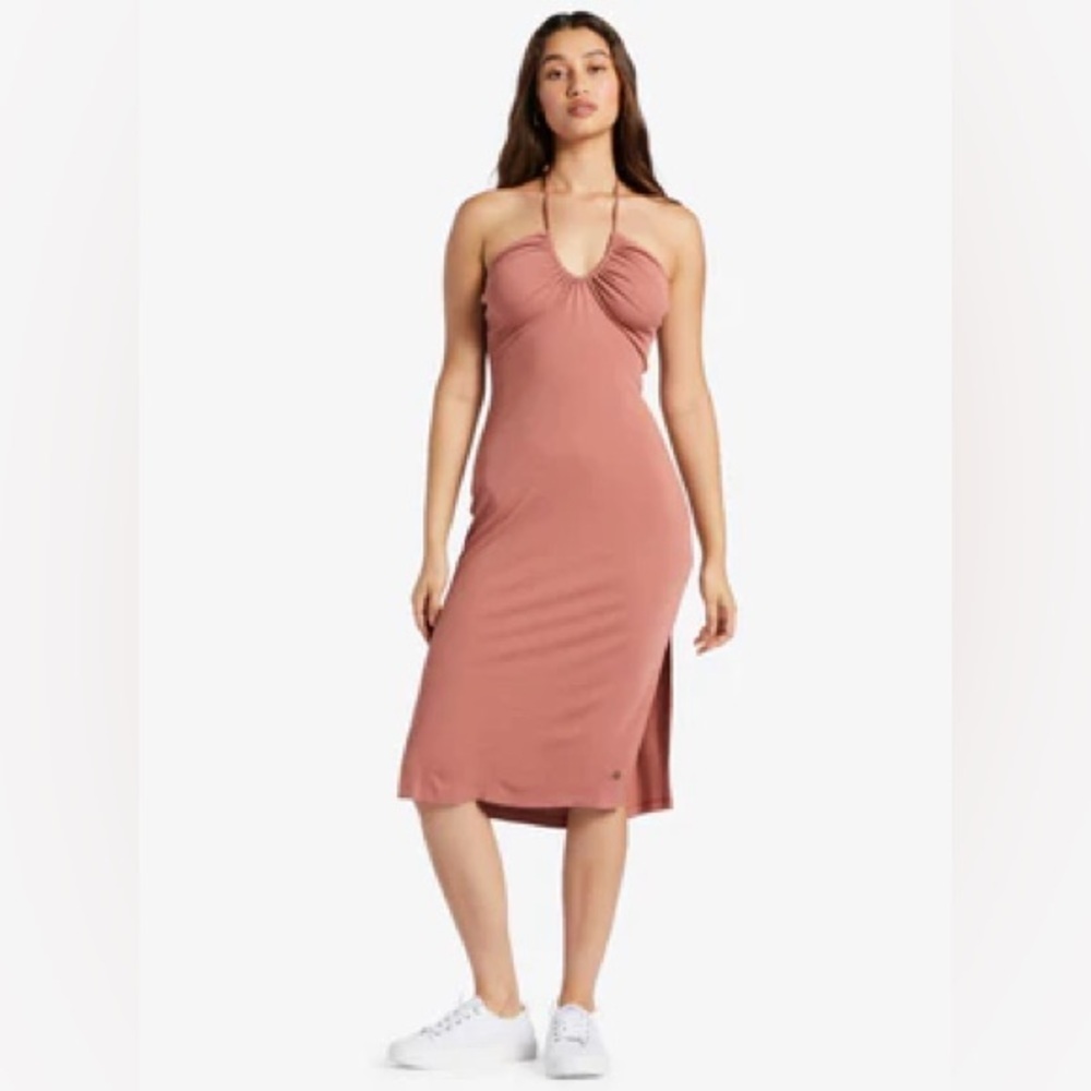Roxy Late Sunset Super Soft Halter Midi Dress in Mauve Cedar Wood Pink, Size M